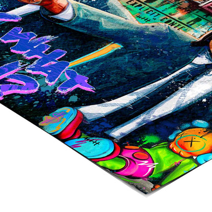 Electric pink, electric blue, and bright yellow color palette on contemporary wall art