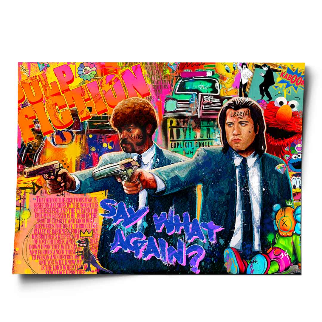Neon-lit Pulp Fiction Pop Art wall print featuring Jules and Vincent with graffiti backdrop