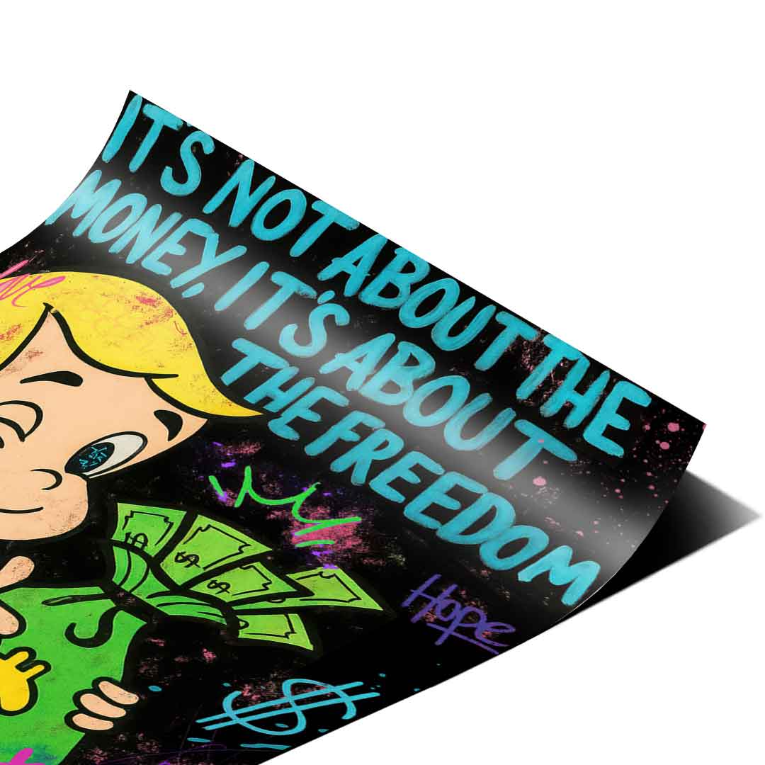 High-contrast poster featuring bright yellow, red, blue, and neon green money bag in street art setting
