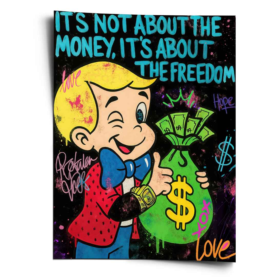 Winking Richie Rich character in bold pop art poster with money bag on graffiti-splattered black background