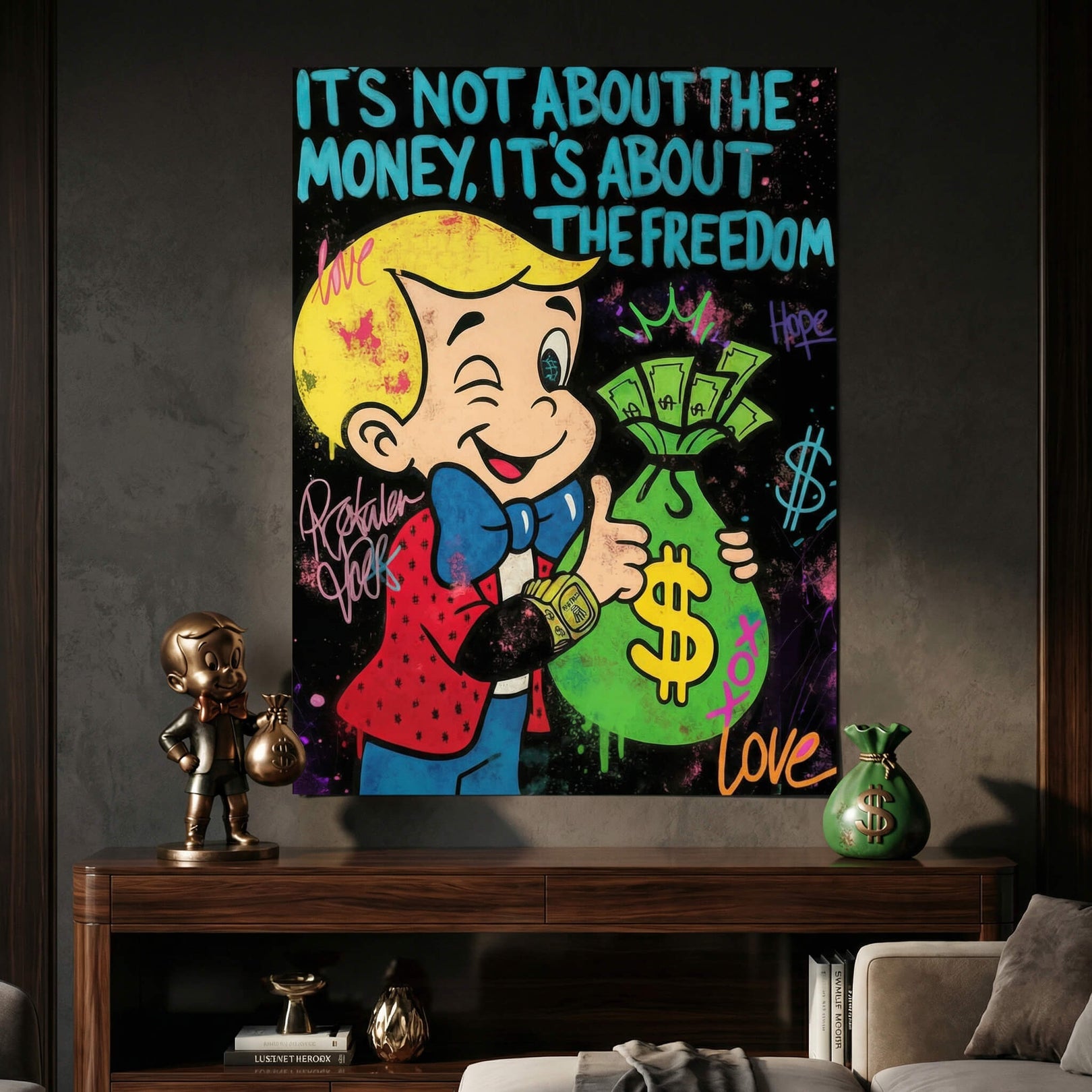 Richie Rich giving a thumbs-up in neon pop art style against urban graffiti backdrop