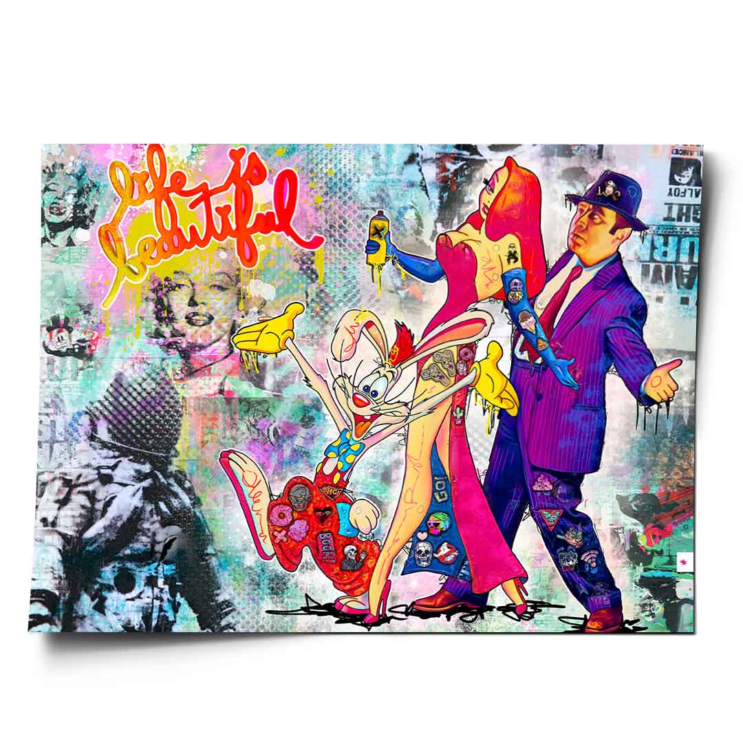Roger Rabbit pop art poster with Jessica Rabbit spraying graffiti and Eddie Valiant amid urban street art
