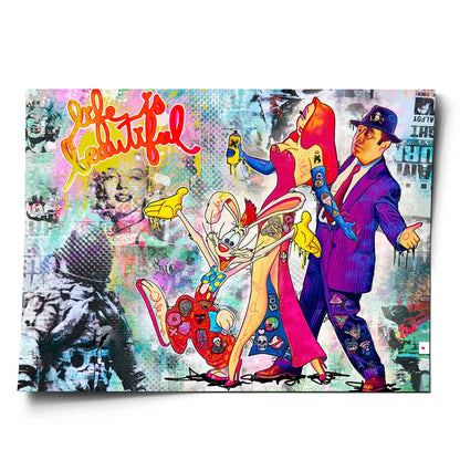 Roger Rabbit pop art poster with Jessica Rabbit spraying graffiti and Eddie Valiant amid urban street art