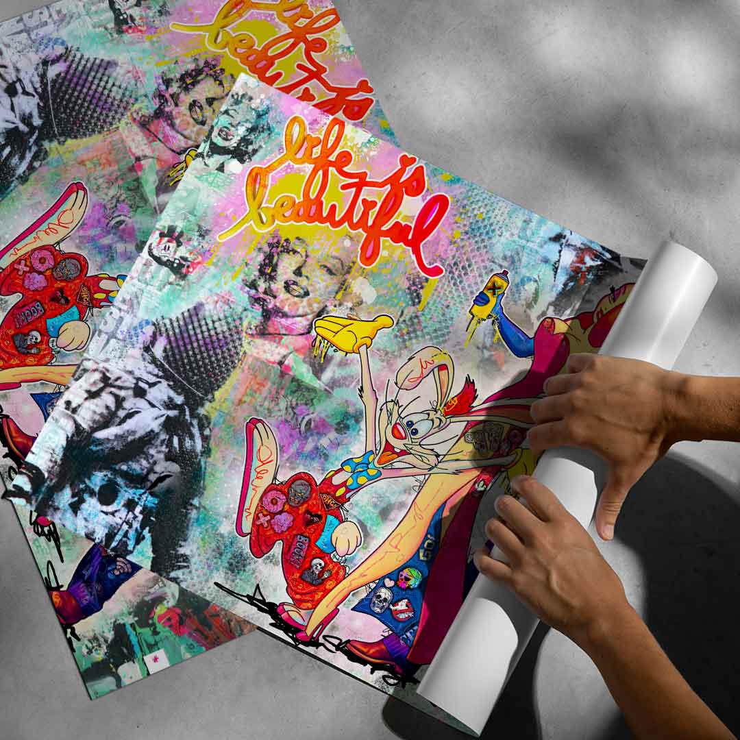 Interior view of the Roger Rabbit Pop Art print as a bold focal point in a modern space