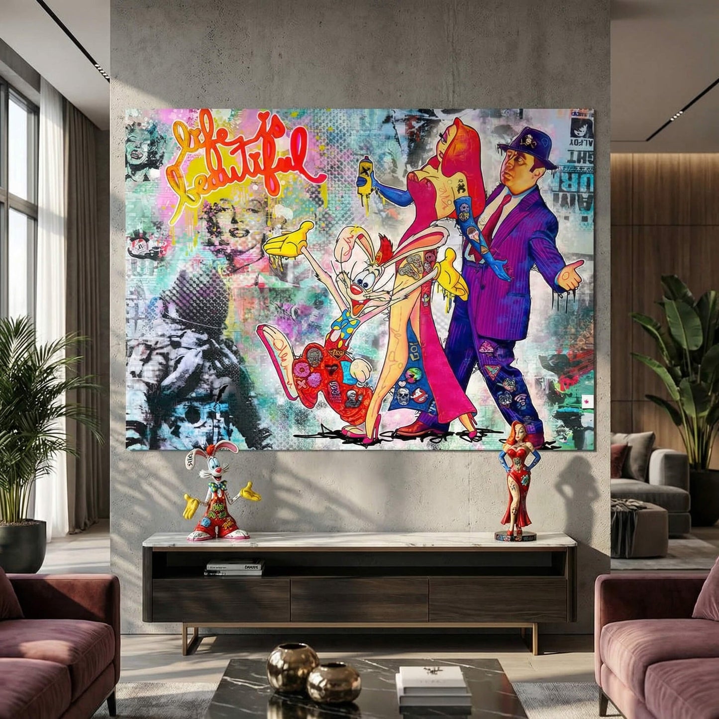 Bold outlines and neon palette in Roger Rabbit art print