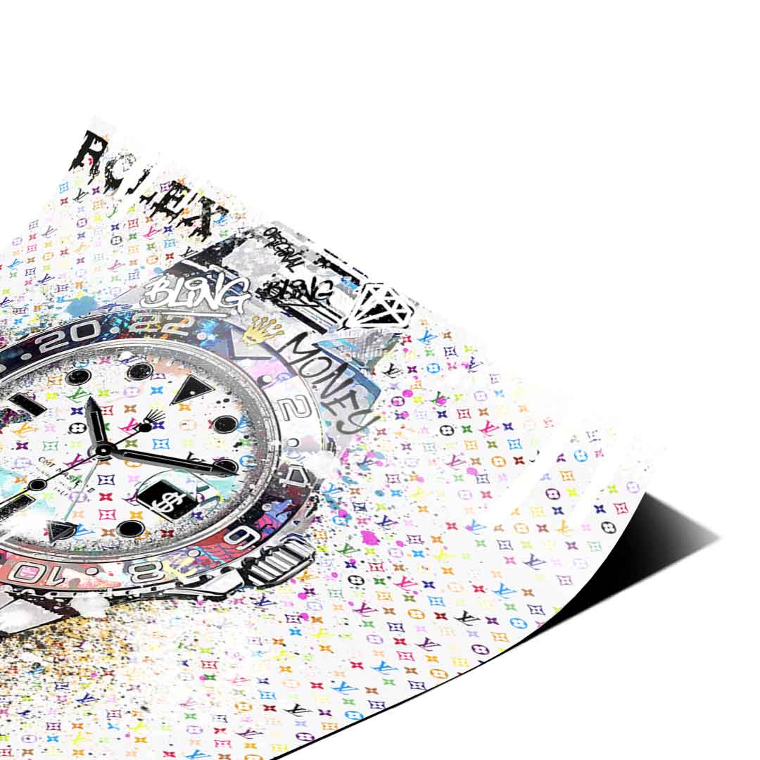 Louis Vuitton monogram pattern backdrop in bright multicolor hues.