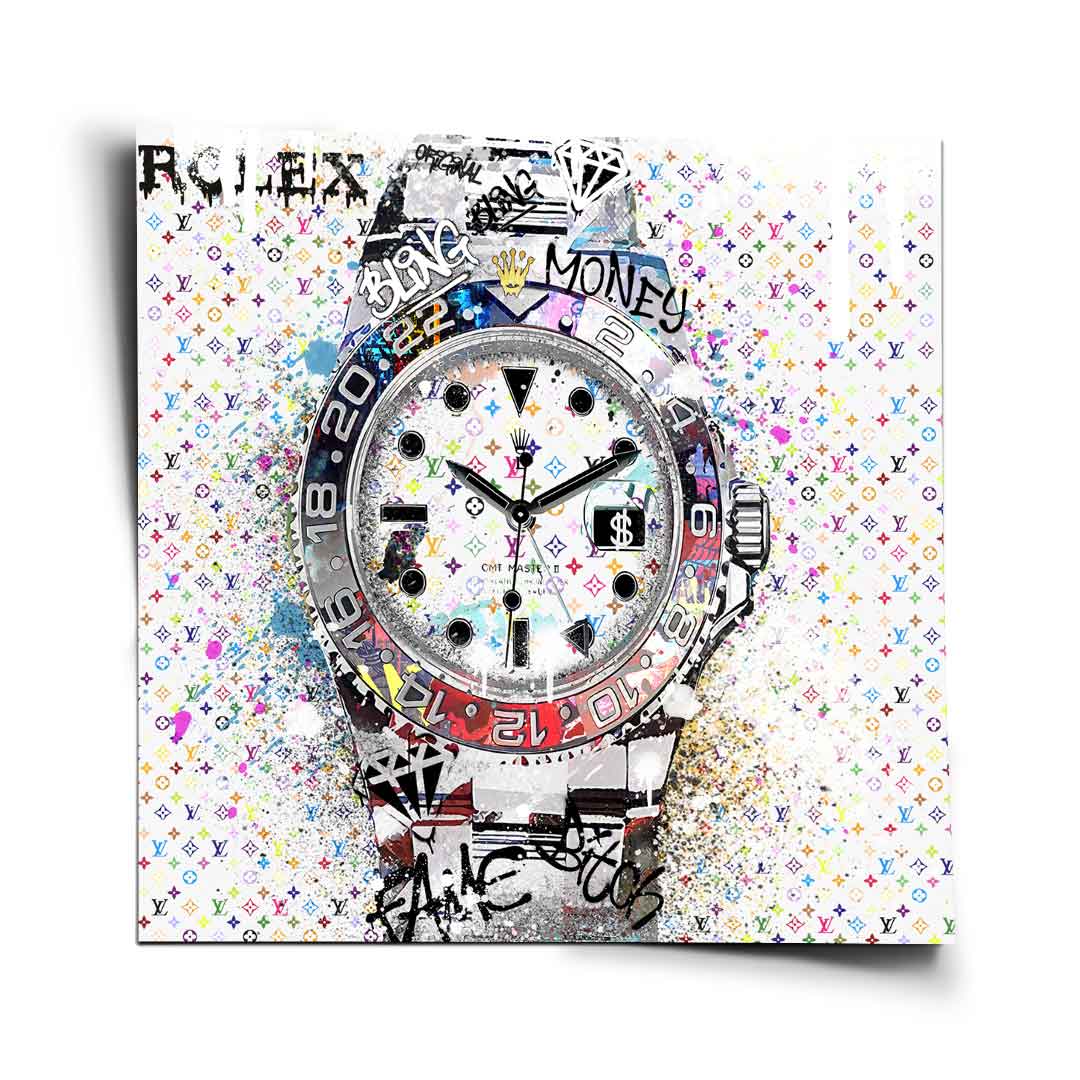 Vibrant Pop Art poster featuring a Rolex-inspired watch motif with a white dial and red-blue bezel.