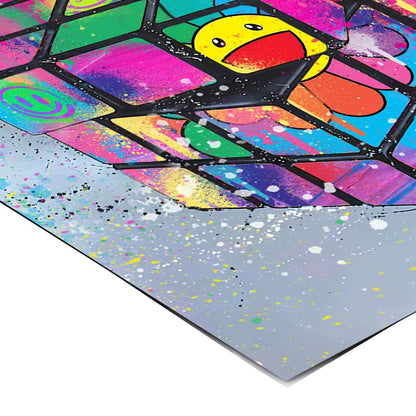 Urban-inspired wall art with a pop art vibe, showing cube facets and playful smiley motifs in vibrant colors.