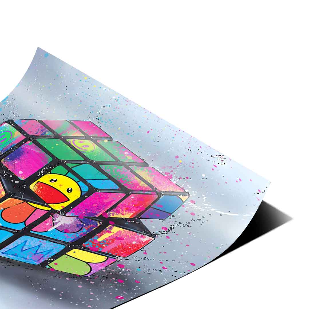Abstract graffiti panels and bold splashes form the Rubik's Flower wall art in a square format with a Rubik's Cube motif.