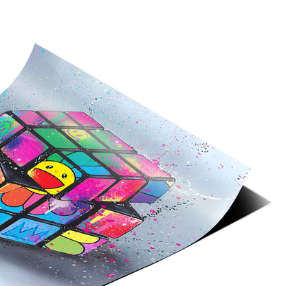 Abstract graffiti panels and bold splashes form the Rubik's Flower wall art in a square format with a Rubik's Cube motif.