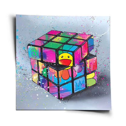 Front view of Rubik's Flower wall art: a deconstructed Rubik's Cube with a central yellow flower-face and graffiti-style color blocks.
