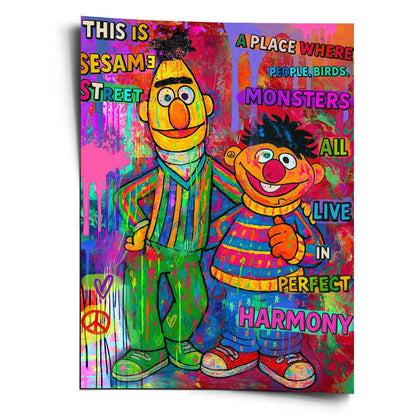 Colorful wall print featuring Bert and Ernie in bold Pop Art style with graffiti-inspired backdrop.