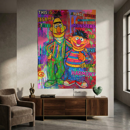 Sesame Street characters Bert and Ernie outlined in black against saturated blues, pinks, greens, and yellows.