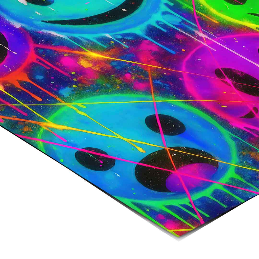 Cosmic splatters and sharp color streaks behind the smileys