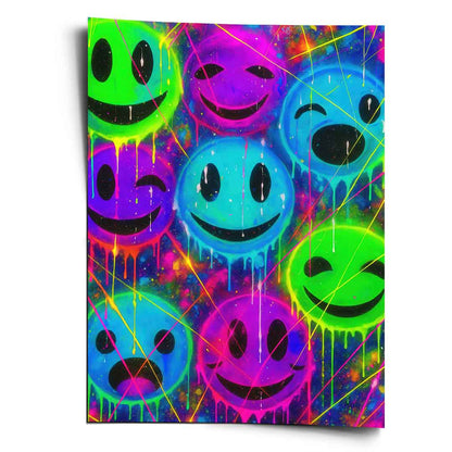 Nine neon smiley faces in Pop Art style with black eyes and mouths