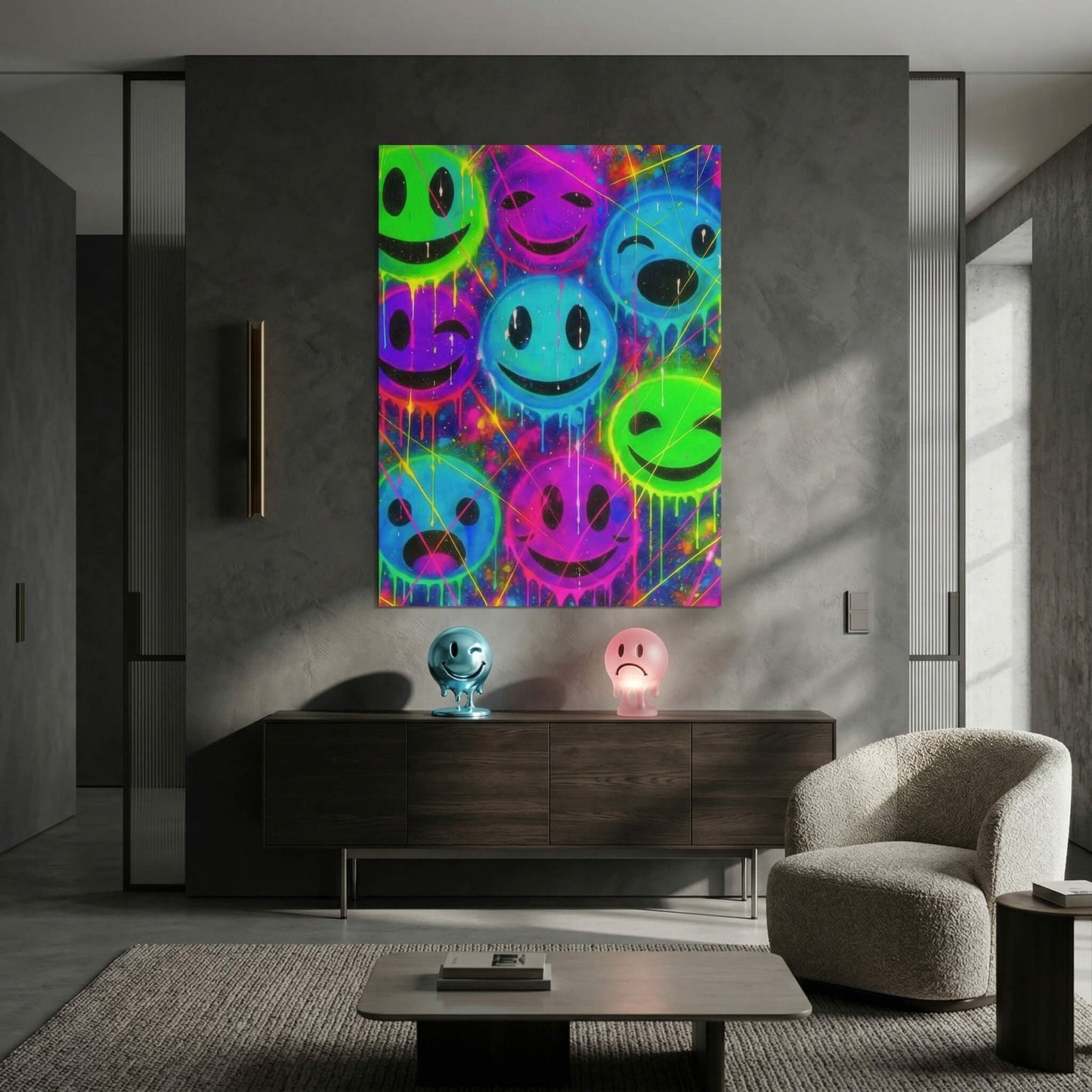 Colorful neon palette featuring green, blue, purple, and magenta on stylized smileys