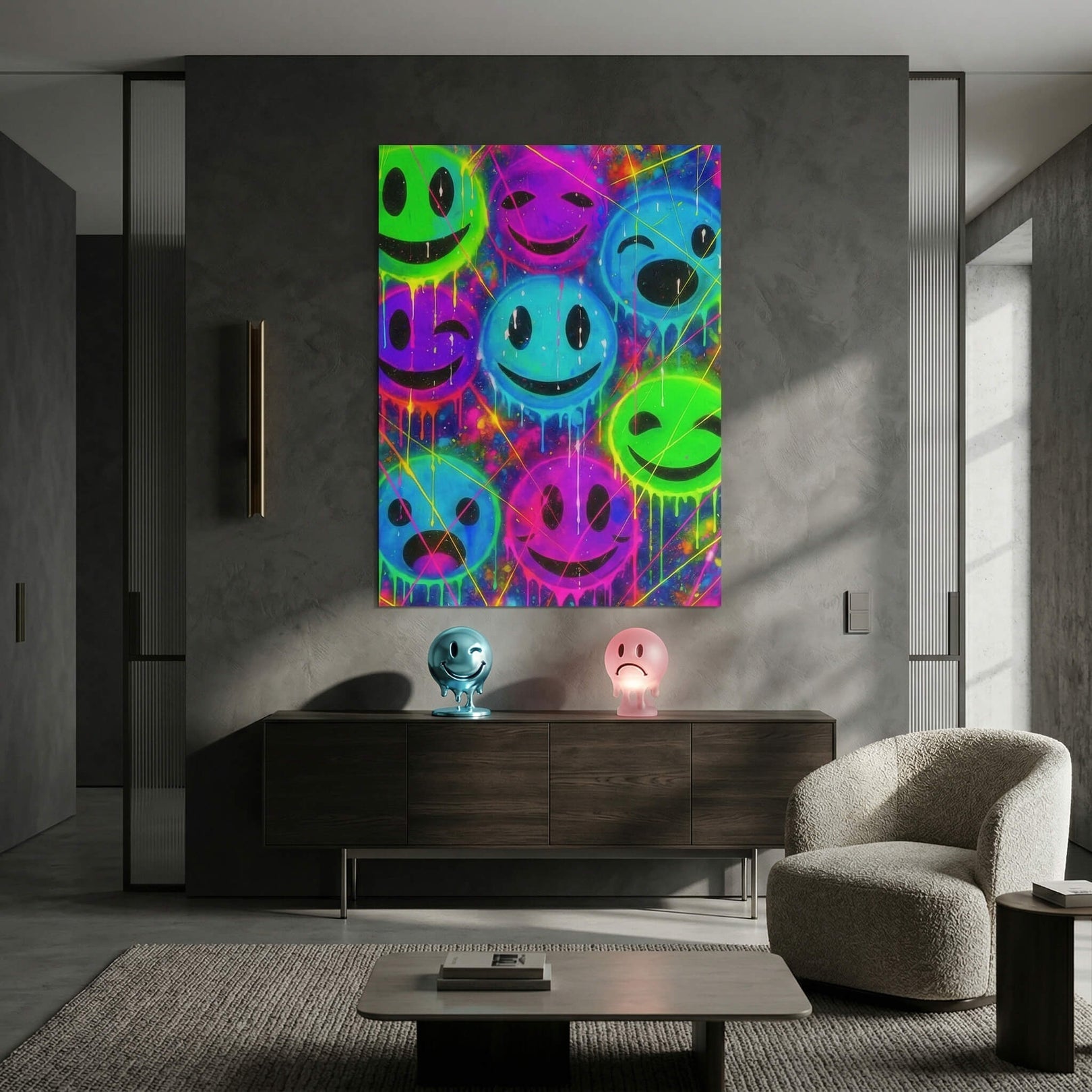 Colorful neon palette featuring green, blue, purple, and magenta on stylized smileys