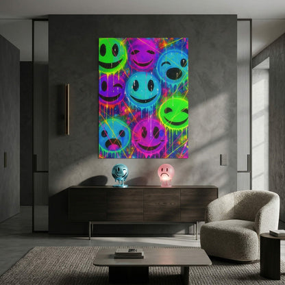 Colorful neon palette featuring green, blue, purple, and magenta on stylized smileys
