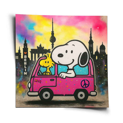 Snoopy and Woodstock riding a pink star-speckled bus in a vibrant pop art scene.