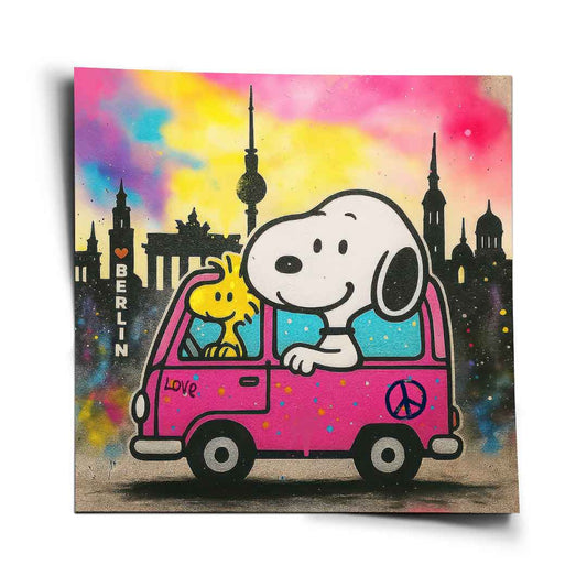 Snoopy and Woodstock riding a pink star-speckled bus in a vibrant pop art scene.