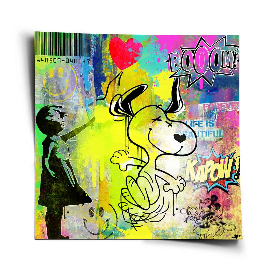Snoopy holding a red heart balloon in a neon Pop Art wall print