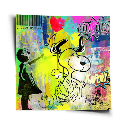 Snoopy holding a red heart balloon in a neon Pop Art wall print