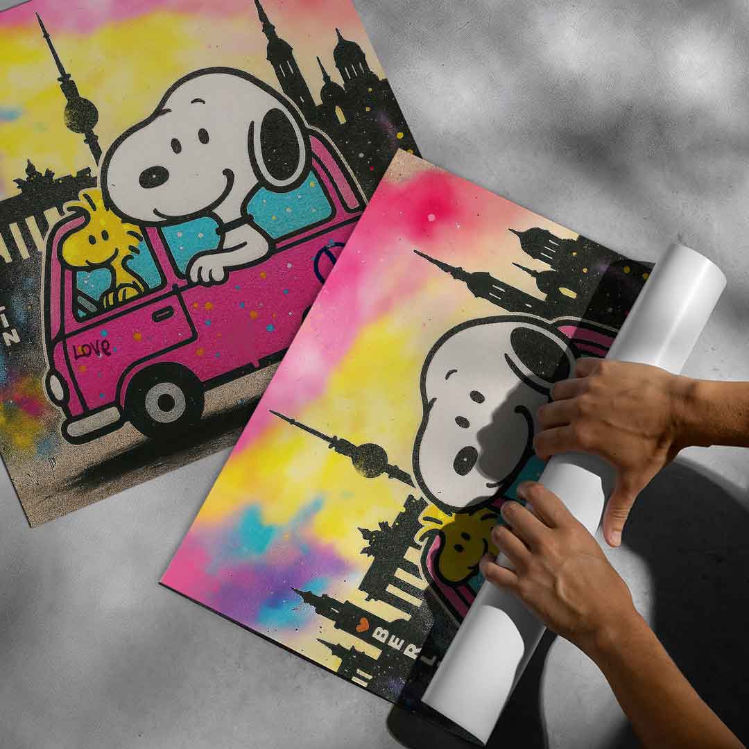 Bold comic outlines and spray-paint textures blending Peanuts charm with street art.