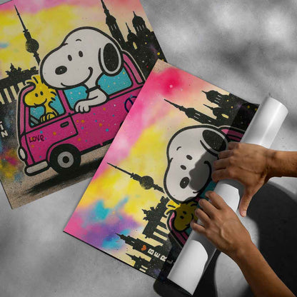 Bold comic outlines and spray-paint textures blending Peanuts charm with street art.