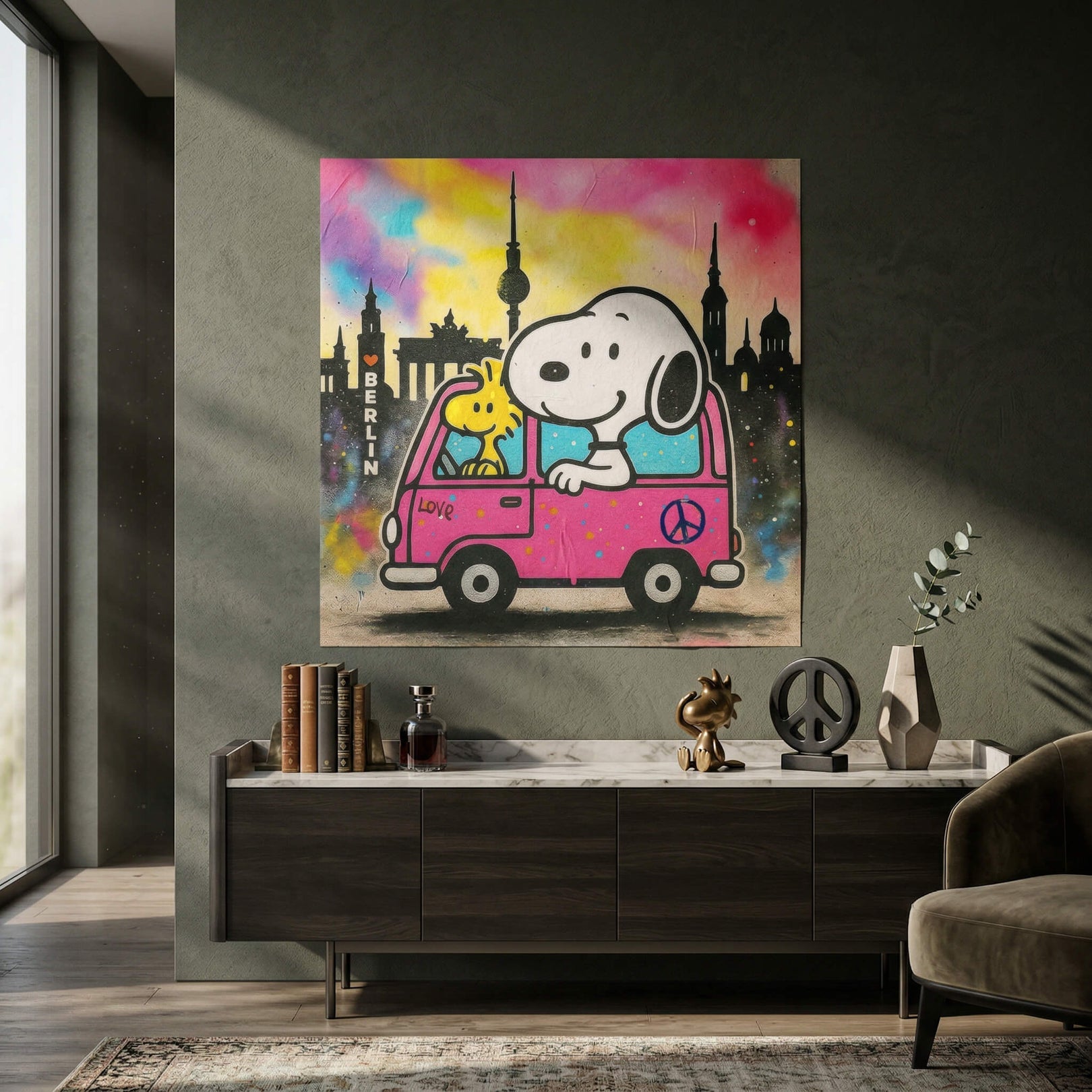 Detail of retro love and peace symbols in the artwork.