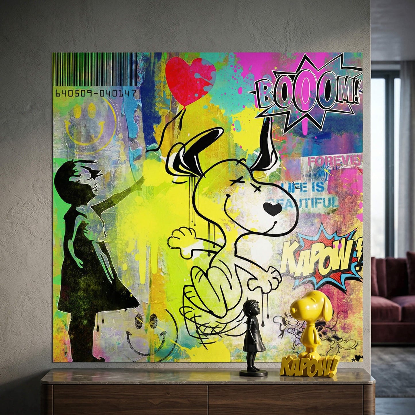 Banksy-style child silhouette on the left side of the print