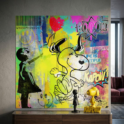 Banksy-style child silhouette on the left side of the print