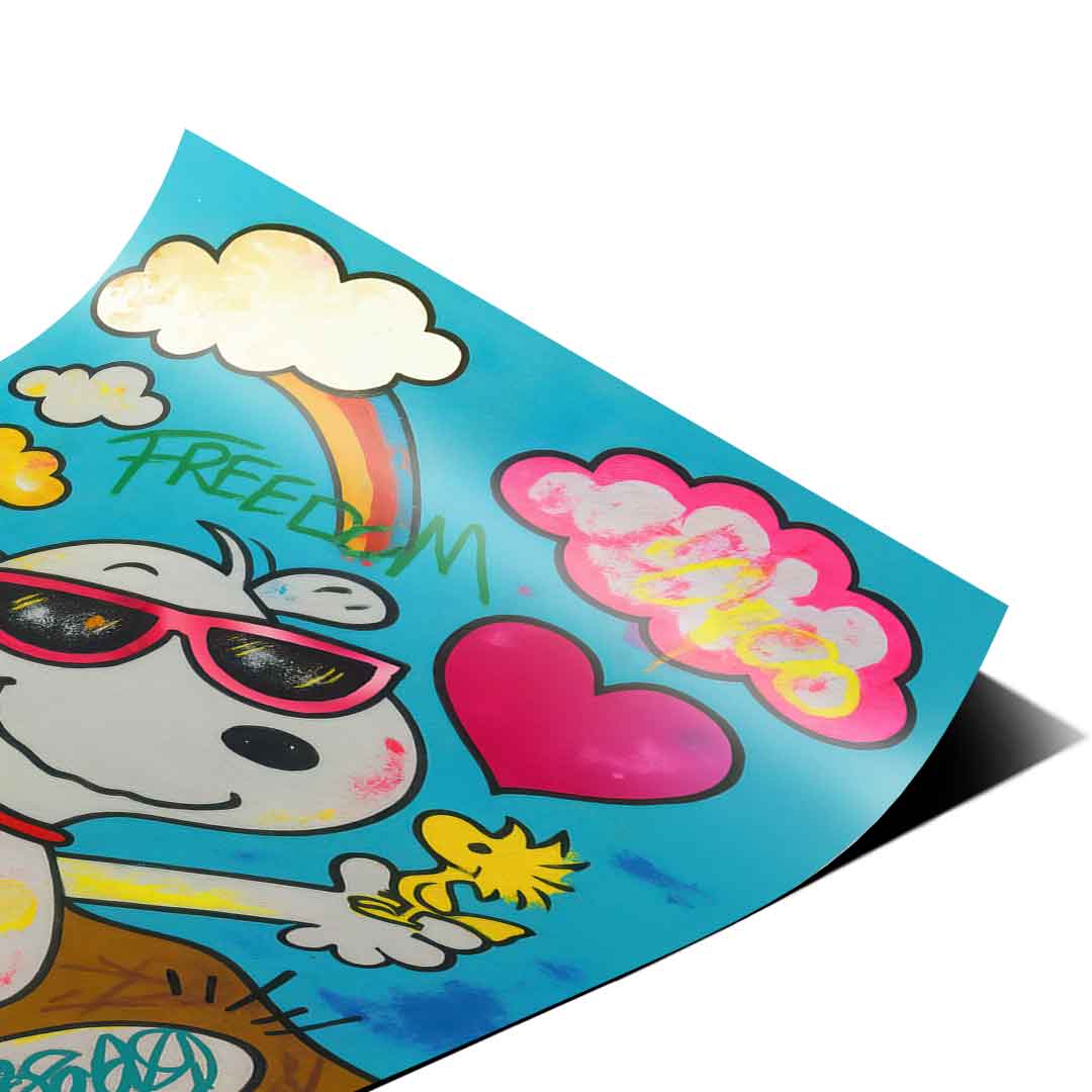 Rainbow FREEDOM over Snoopy with clouds and pink hearts