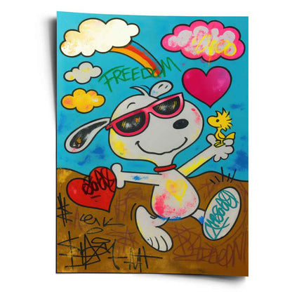 Snoopy with pink sunglasses holding Woodstock against a bright blue sky in a Pop Art poster