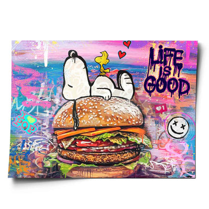 Snoopy and Woodstock lounging atop a hamburger in bold pop art style.