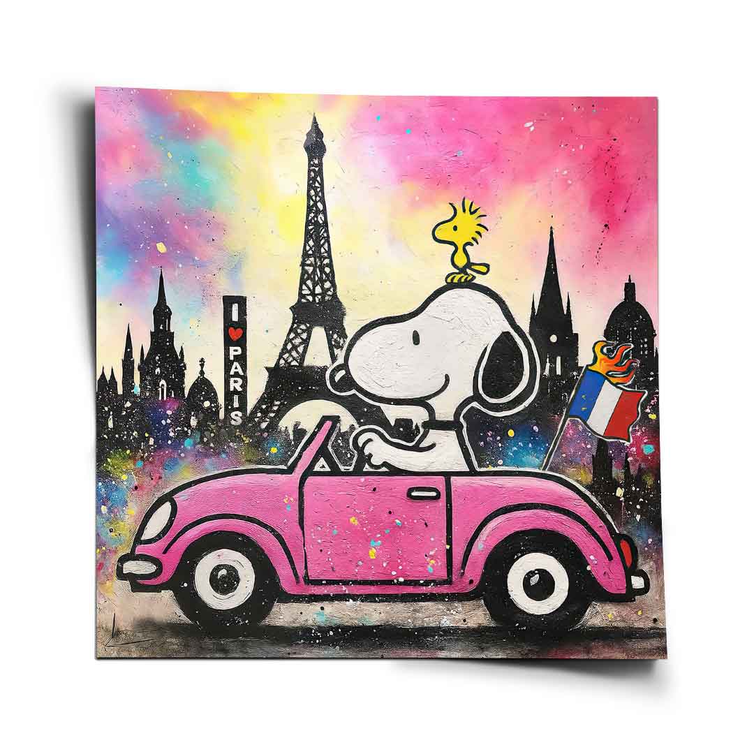 Snoopy and Woodstock ride a pink convertible through a colorful Parisian sky with the Eiffel Tower silhouette.