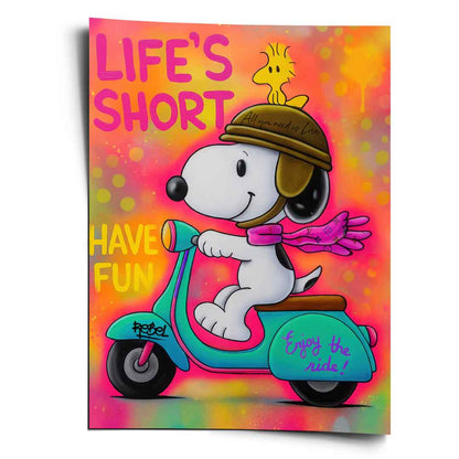 Snoopy riding a teal Vespa in a neon Pop Art poster