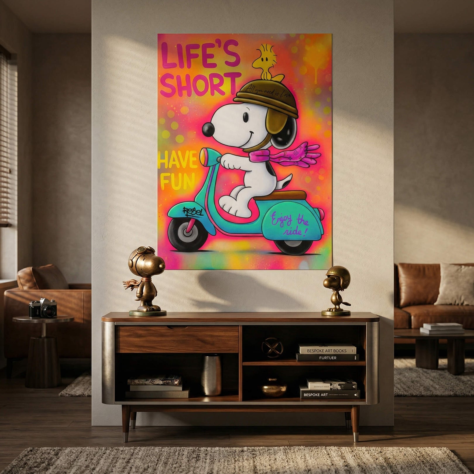 Snoopy wearing a pilot helmet with Woodstock perched on his helmet