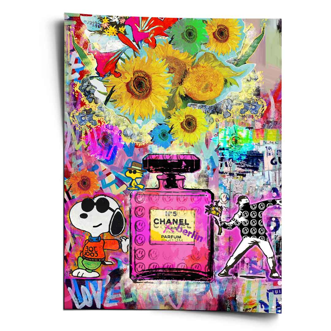 Center collage featuring a pink Chanel No.5 perfume bottle with Snoopy and Woodstock in a vibrant pop art setting.
