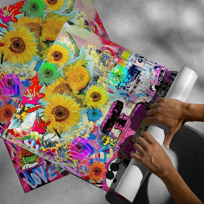 Energetic mix of comic, street, and pop art textures in shocking pinks and neon yellows.