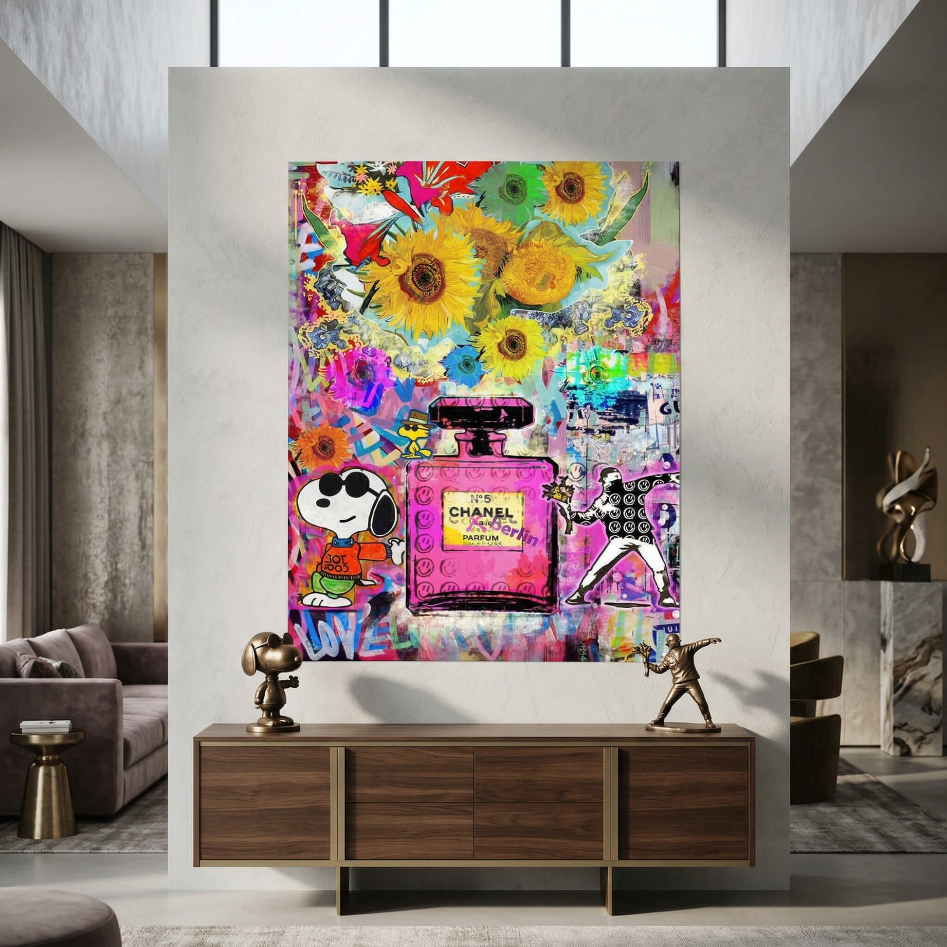 Snoopy and Woodstock characters amid bold graffiti and neon pop art elements.