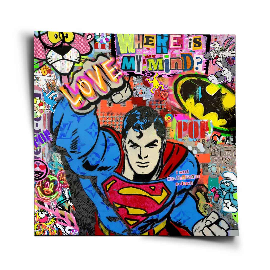 Superman raising a fist with LOVE graffiti on a vibrant Pop Art comic style wall poster