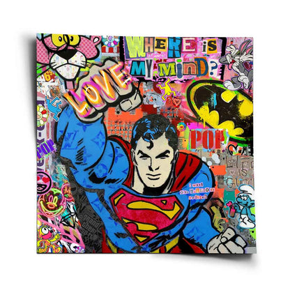 Superman raising a fist with LOVE graffiti on a vibrant Pop Art comic style wall poster
