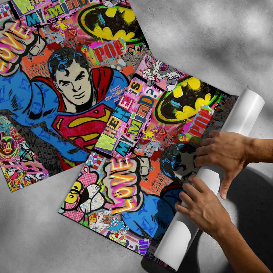 Overall composition fuses classic comics, Pop Art and urban graffiti for a nostalgic yet modern look