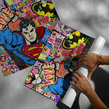Overall composition fuses classic comics, Pop Art and urban graffiti for a nostalgic yet modern look