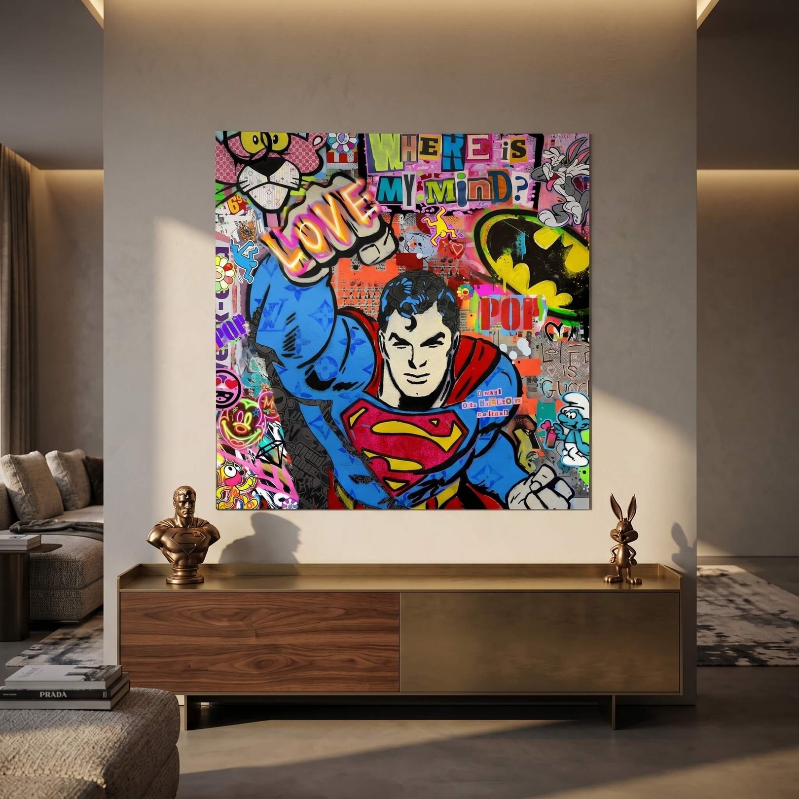 Pink Panther and Bugs Bunny in a dense collage with a distressed Batman logo in bright colors