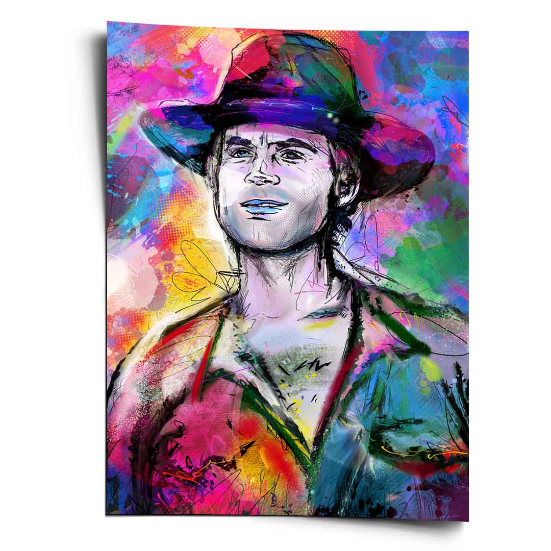 Vibrant portrait of a man in a wide-brimmed hat with bold pop art outlines