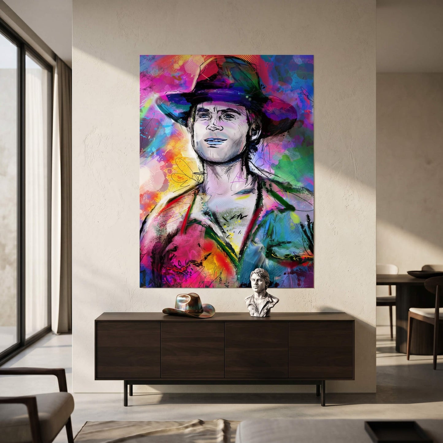 Neon color explosion behind the figure with graffiti textures and painterly strokes