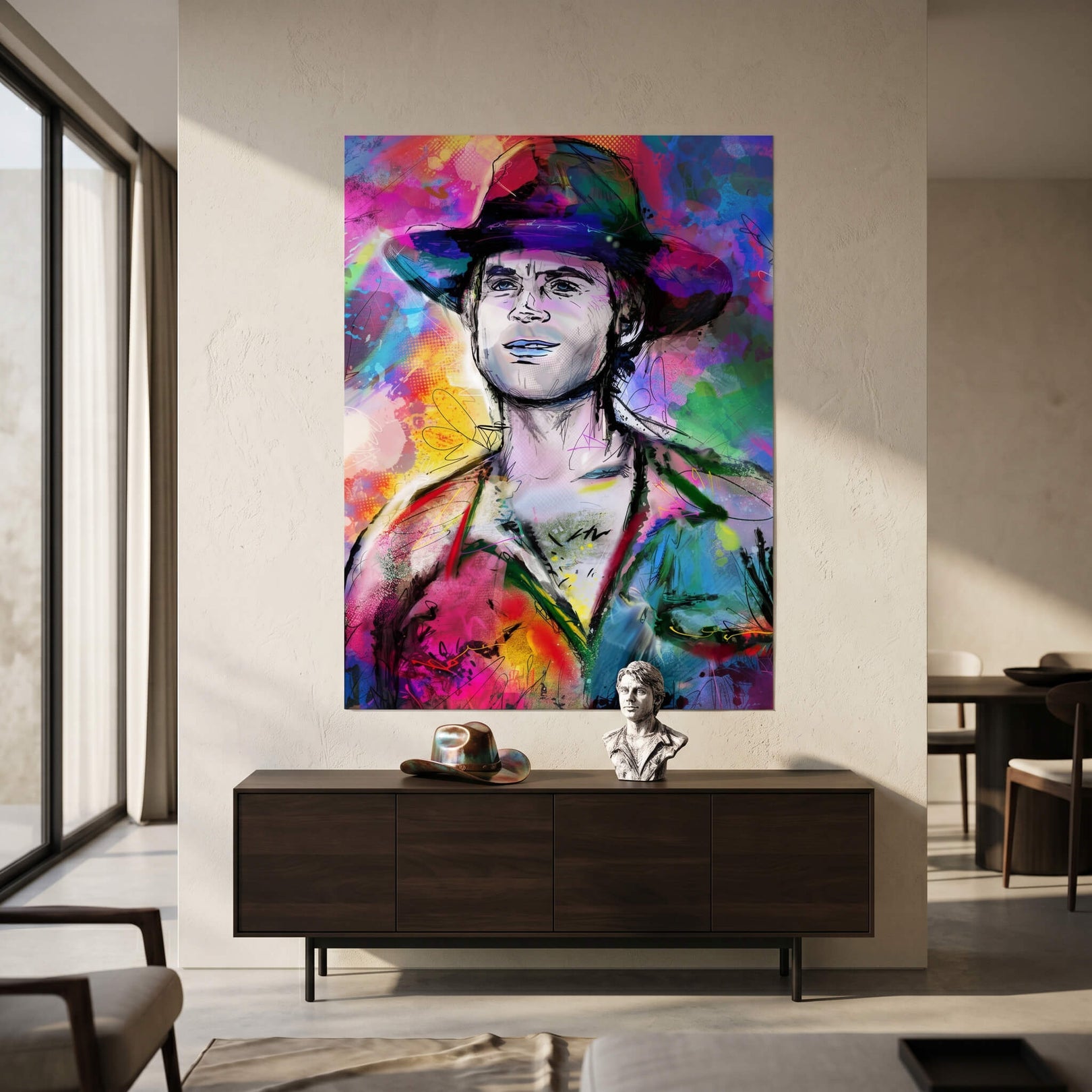 Neon color explosion behind the figure with graffiti textures and painterly strokes