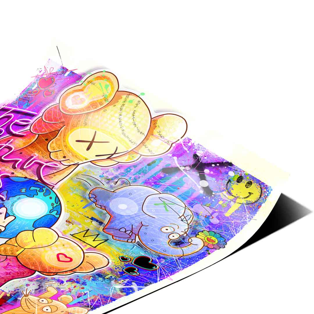 Neon purple blue pink and yellow graffiti background with playful imagery