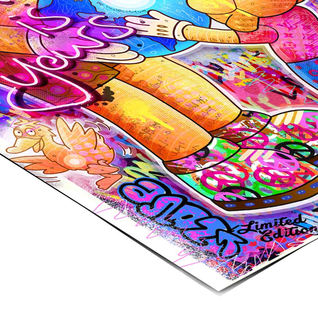 Flying elephant and whimsical mouse among colorful street art accents